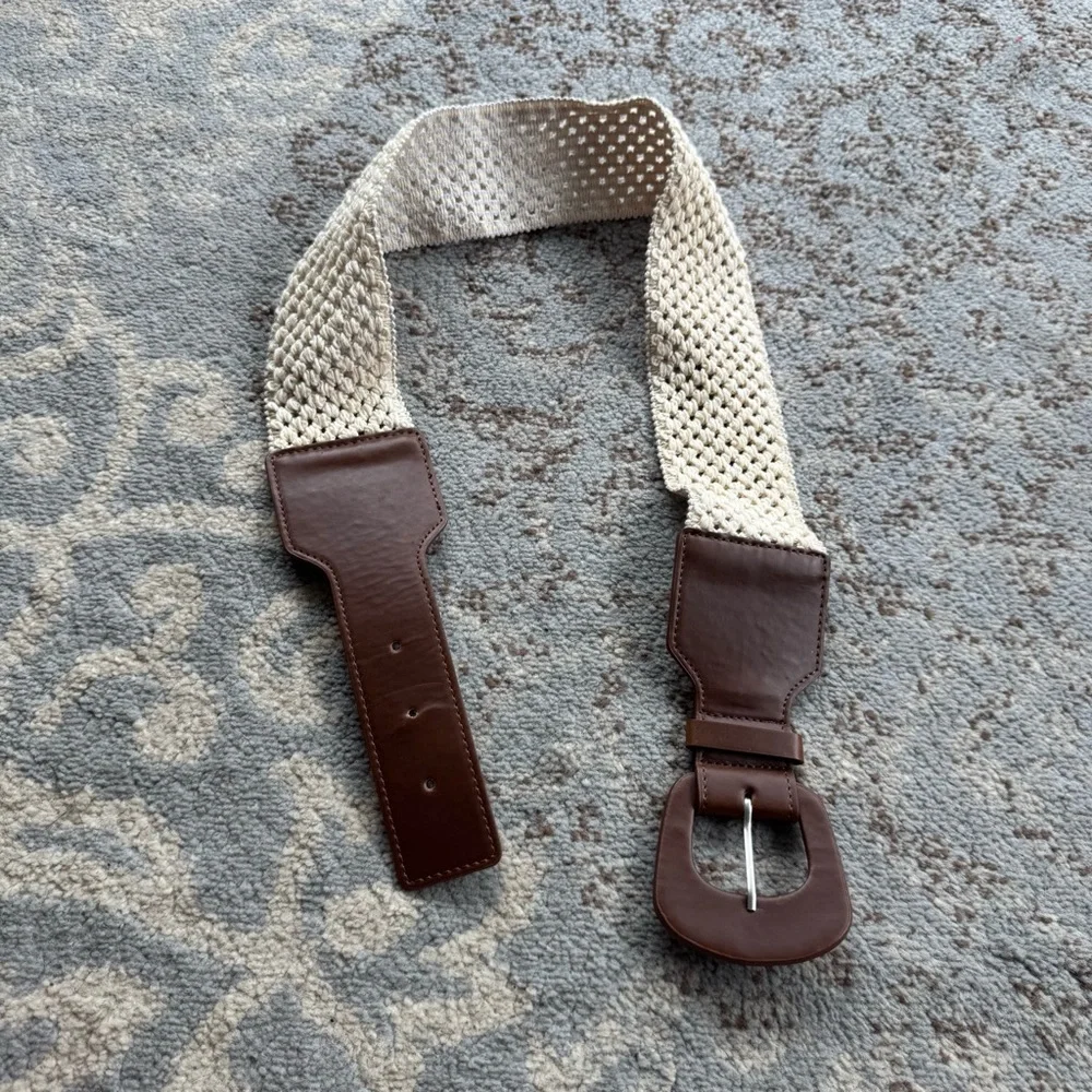 Vintage Crochet Elastic Belt Ivory Brown
